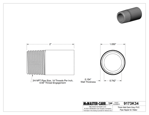 Technical drawing of Thick-Wall Dark Gray PVC Pipe Nipple for Water, Threaded on One End, 3/4 NPT, 2" Long.
